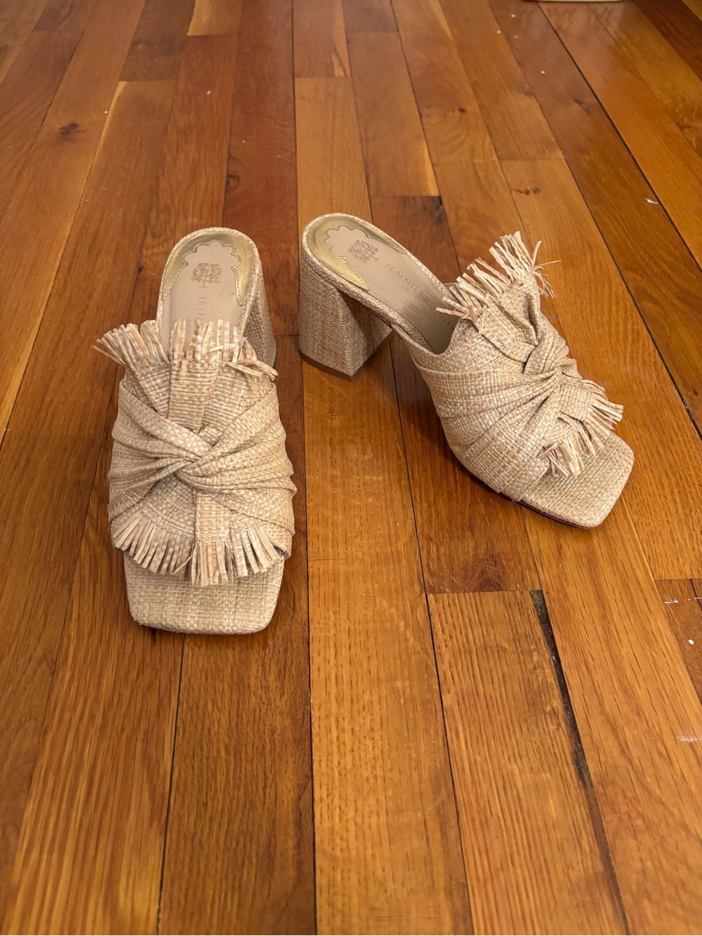 Jennifer Sumko for Dillard’s Knotted Raffia Fringe Mule Heels in Natural Beige